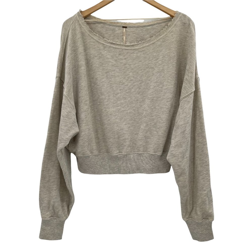 Free People Beige Heather Oversized Long Bat Sleeve Wide Neck Small Sweatshirt